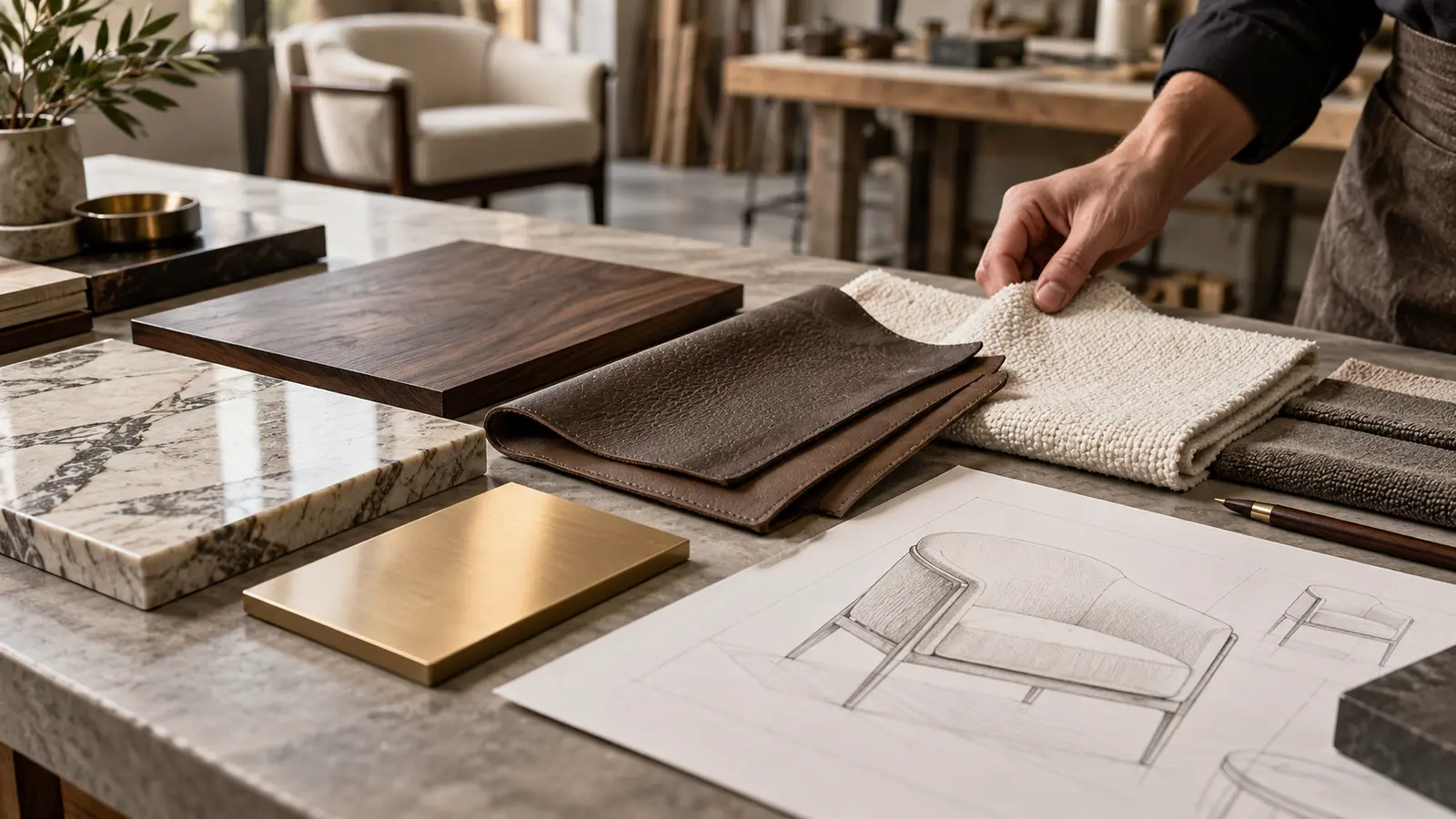 Close view of luxury upholstery, walnut, leather, stone and champagne metal finish selection